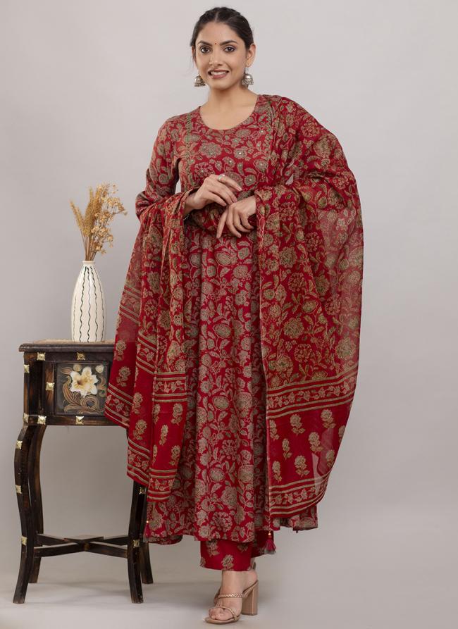 Rayon Cotton Red Daily Wear Printed Readymade Plus Size Suit